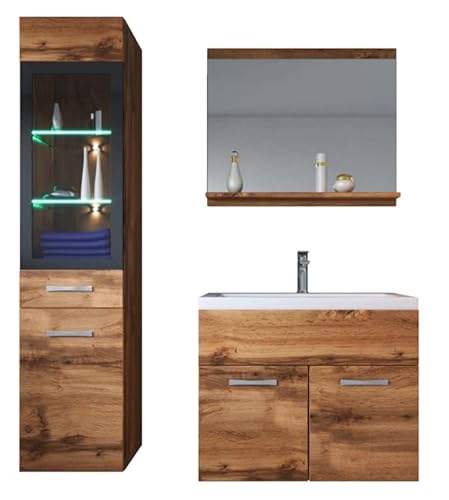 Badezimmer Badmöbel Set Rio LED 60cm Waschbecken Eiche - Unterschrank Hochschrank Waschtisch Möbel von Badplaats B.V.