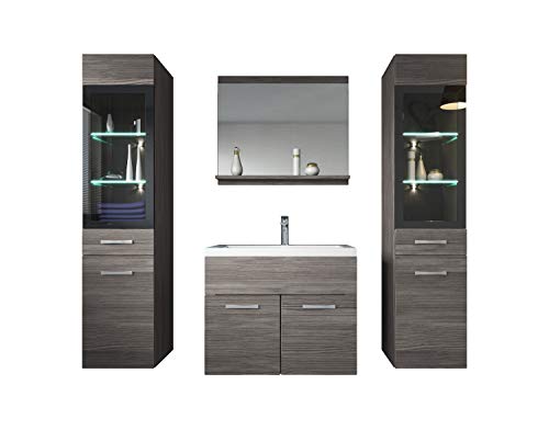 Badezimmer Badmöbel Set Rio XL LED 60cm Waschbecken Grau Eiche - Unterschrank 2X Hochschrank Waschtisch Möbel von Badplaats B.V.