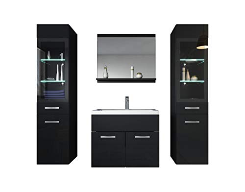 Badezimmer Badmöbel Set Rio XL LED 60cm Waschbecken Hochglanz Schwarz Fronten - Unterschrank 2X Hochschrank Waschtisch Möbel von Badplaats B.V.