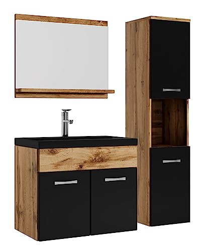 Badplaats B.V. Badezimmer Badmöbel Set Montreal 60cm Waschbecken Schwarz - Eiche/Mat Schwarz Unterschrank - Hochschrank Waschtisch Möbel von Badplaats B.V.