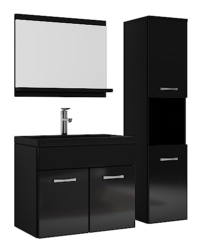 Badplaats B.V. Badezimmer Badmöbel Set Montreal 60cm Waschbecken Schwarz - Hochglanz Schwarz Unterschrank - Hochschrank Waschtisch Möbel von Badplaats B.V.