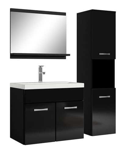 Badplaats B.V. Badezimmer Badmöbel Set Montreal 60cm Waschbecken Hochglanz Schwarz Fronten - Unterschrank Hochschrank Waschtisch Möbel von Badplaats B.V.