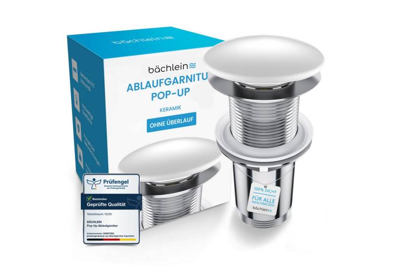 Bächlein Ablaufgarnitur Waschbeckenabfluss Pop Up (Eleganter Keramik Waschbeckenstöpsel) Werkzeugloser Einbau - Click Clack Funktion von Bächlein