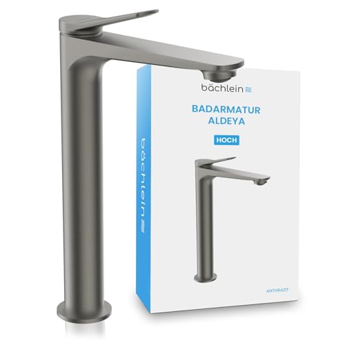 Bächlein Badarmatur Aldeya hoch in modernem Design, extra hoher Einhebelmischer für Aufsatzwaschbecken mit Montage-Set, Bad Wasserhahn Anthrazit von Bächlein