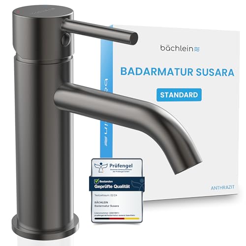 Bächlein Badarmatur Susara mit gebogenem Auslauf, Design Einhebelmischer mit langlebiger Keramikkartusche und Montage-Set, Bad Wasserhahn Anthrazit von Bächlein