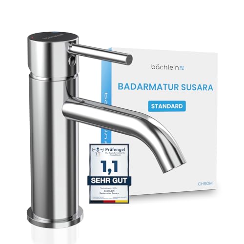 Bächlein Badarmatur Susara mit gebogenem Auslauf, Design Einhebelmischer mit langlebiger Keramikkartusche und Montage-Set, Bad Wasserhahn Chrom von Bächlein