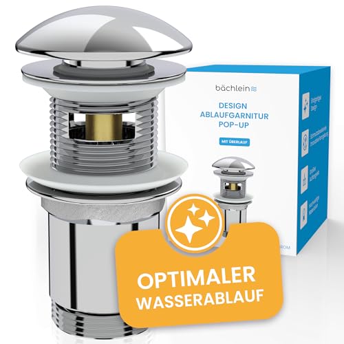Bächlein Design Ablaufgarnitur mit Überlauf (Chrom) - Pop Up Ventil aus Messing mit innovativer Kappenform gegen Wasserflecken Kalkränder von Bächlein