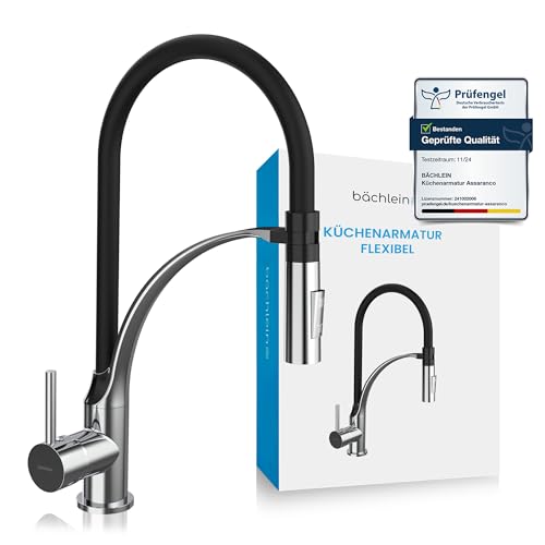 Bächlein Küchenarmatur Assaranco – 360 Grad schwenkbar (Chrom) – Einhand-Spültischbatterie mit flexiblem Hals und Brause mit Umschalt-Taste, Küchen-Wasserhahn mit magnetischer Halterung von Bächlein
