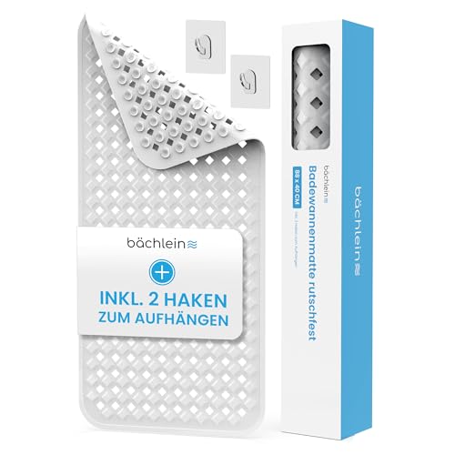 Bächlein PVC Badewannenmatte Weiß – Antirutsch Einlage 88x40 cm mit Haken zum Aufhängen, Hygienisch & Schimmelresistent, BPA- & Latexfrei, Maschinenwaschbar von Bächlein