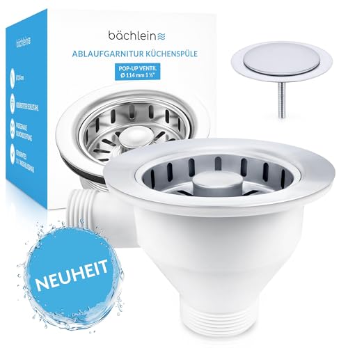 Bächlein Pop-Up Ablaufgarnitur für die Spüle [Ø 114mm mit Überlauf] - Küchenspüle, Spülenablauf Edelstahl poliert, Siebkorbventil Körbchenventil von Bächlein