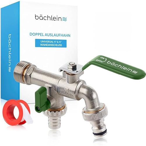 Bächlein Universal Doppel Auslaufhahn mit Reduzierungs-adapter für 1" Wandanschluss - Auslaufhahn mit 1/2 Zoll Anschluss und 3/4 Zoll Adapter von Bächlein