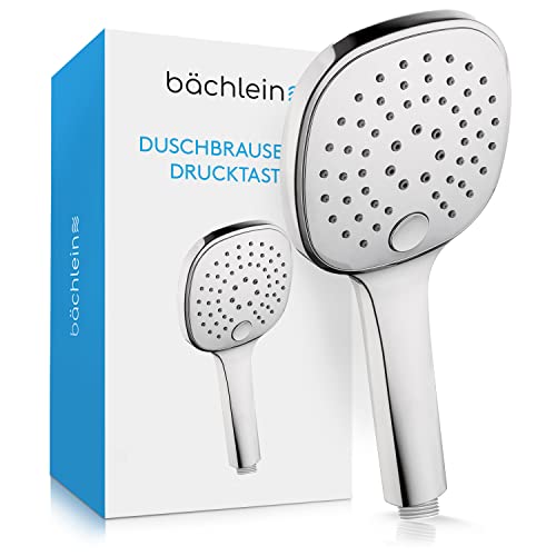 Bächlein Universal Duschbrause - Brausekopf mit 3 Strahlarten, einfach wechselbar durch praktische Drucktaste - Eckiger Duschkopf Chrom - Handbrause mit Standard G 1/2” Anschlussmaß von Bächlein