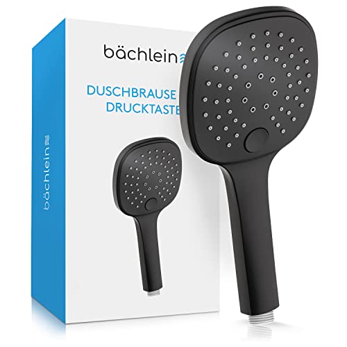 Bächlein Universal Duschbrause - Brausekopf mit 3 Strahlarten, einfach wechselbar durch praktische Drucktaste - Eckiger Duschkopf Matt Schwarz - Handbrause mit Standard G 1/2” Anschlussmaß von Bächlein