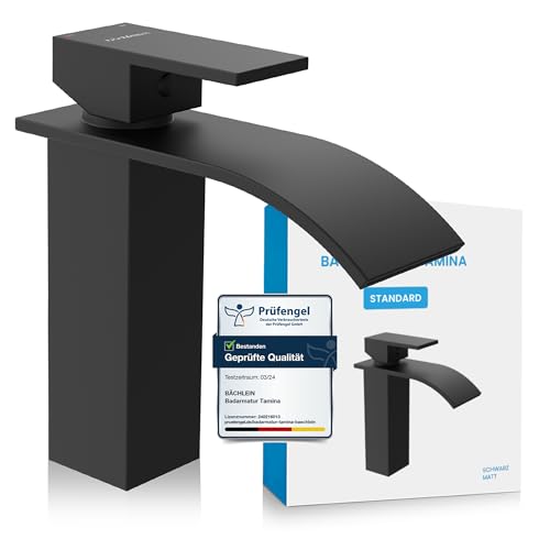 Bächlein Badarmatur Tamina in Wasserfall-Design, Einhebelmischer mit langlebiger Keramikkartusche und Montage-Set, Bad Wasserhahn Matt Schwarz von Bächlein