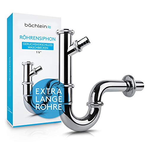Bächlein Universal Siphon für Waschbecken und Waschtisch (Extra Lang 200mm + Geräteanschluss) - Geruchsverschluss inkl. Gummimanschette - Röhrensiphon aus Messing von Bächlein