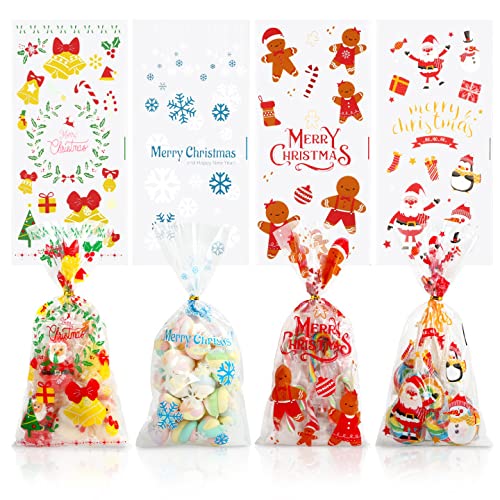 Bäcker & Lecker 100 PCS Cellophantüten Weihnachten Cellophantaschen Plätzchentüten Keksbeutel zum Befüllen Plastik 27 x 13 cm mit Gold Twist Krawatten für Süßigkeiten Gebäcke Geschenk Party von Bäcker & Lecker