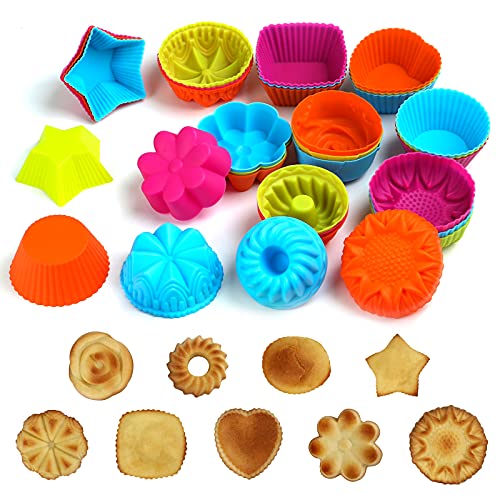 Bäcker & Lecker 36 Stück Silikon Gugelhupfform Mini Muffinförmchen Bäckförmchen Kuchenförmchen wiederverwendbare 9 Formen mit 4 Farben von Bäcker & Lecker