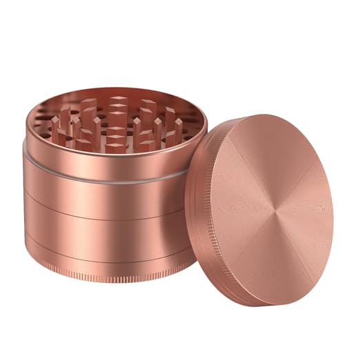 Bäcker & Lecker Grinder 75MM Crusher Mühle Pollen Kräutermühle 4-teilig Set mit Pollen Scraper für getrocknete Kräuter Spice Gewürze Herb aus Zinklegierung Rosegold von Bäcker & Lecker