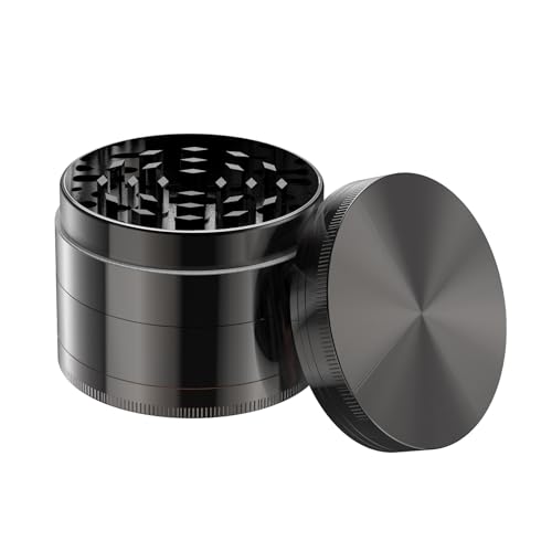 Bäcker & Lecker Pollen Grinder 75 mm groß Crusher Kräutermühle für getrocknete Kräuter Spice Gewürze Herb aus Zinklegierung 4-teilig Set mit Pollen Scraper Nickel-Schwarz von Bäcker & Lecker