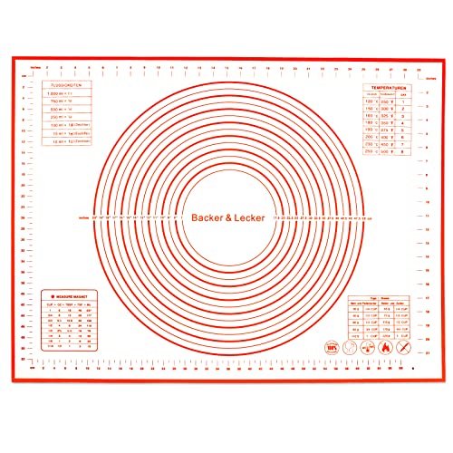 Bäcker & Lecker Silikonmatte Backmatte Groß 80 x 60CM Antihafte Rutschfeste Backunterlage Teigmatte mit Messung für Fondant Gebäck Pizza, BPA Frei (Orange) von Bäcker & Lecker