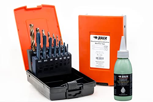 BAER Gewindeschneider Set M3 - M12 | HSSE Edelstahl | Edelstahlbohrer inklusive Bohrpaste | Maschinengewindebohrer Durchgangsloch + Kernlochbohrer | Gewindebohrer Satz | Gewindeschneidsatz von BaerCoil
