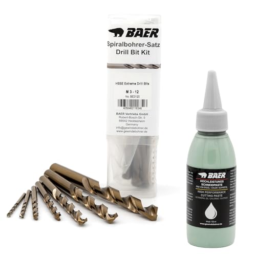 BaerCoil BAER Spiralbohrer Set M3 - M12 HSSE inklusive Bohrpaste | Extrem Kernlochbohrer Satz | Spiralbohrersatz aus hochlegiertem HSSE/Cobalt Stahl | Spiralbohrerset | Bohrerset Cobalt von BaerCoil