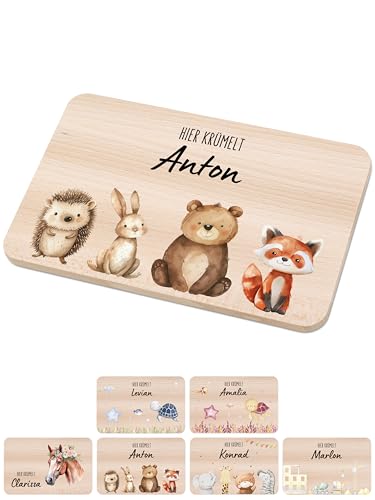 Bärenfreunde - Individuelles Holzbrett mit hochwertigem Spezial-Druck für Kinder - Personalisiertes Frühstücksbrettchen - Niedliche Motiv-Brettchen mit Namen (4 Waldtiere) von Bärenfreunde