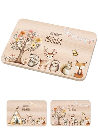 Bärenfreunde - Individuelles Holzbrett mit hochwertigem Spezial-Druck für Kinder - Personalisiertes Frühstücksbrettchen - Niedliche Motiv-Brettchen mit Namen (Blumenbaum Tiere) von Bärenfreunde