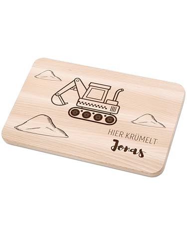 Bärenfreunde - Individuelles Holzbrett mit hochwertiger Gravur für Kinder - Personalisiertes Frühstücksbrettchen - Niedliche Motiv-Brettchen mit Namen (Bagger Sandhaufen) von Bärenfreunde