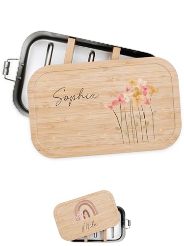 Bärenfreunde® - Personalisierte Brotdose für Kinder mit Spezial-Druck - Robuste Edelstahl Brotdose - Personalisierte Geschenke für Kinder & Erwachsene (Blumen Punkte,klein Weißblech) von Bärenfreunde