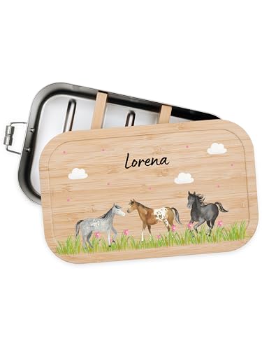 Bärenfreunde® - Personalisierte Brotdose für Kinder mit Spezial-Druck - Robuste Edelstahl Brotdose - Personalisierte Geschenke für Kinder & Erwachsene (Pferde Szenario,klein Edelstahl) von Bärenfreunde