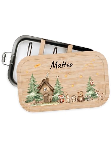 Bärenfreunde® - Personalisierte Brotdose für Kinder mit Spezial-Druck - Robuste Edelstahl Brotdose - Personalisierte Geschenke für Kinder & Erwachsene (Waldtiere Waldhütte,GROSS Edelstahl) von Bärenfreunde