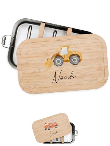 Bärenfreunde® - Personalisierte Brotdose für Kinder mit Spezial-Druck - Robuste Edelstahl Brotdose - Personalisierte Geschenke für Kinder & Erwachsene (Bagger,klein Edelstahl) von Bärenfreunde