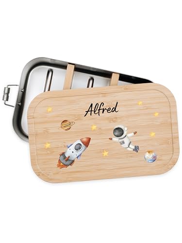 Bärenfreunde® - Personalisierte Brotdose für Kinder mit Spezial-Druck - Robuste Edelstahl Brotdose - Personalisierte Geschenke für Kinder & Erwachsene (Astronaut Weltall,klein Weißblech) von Bärenfreunde