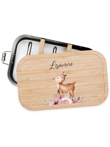 Bärenfreunde® - Personalisierte Brotdose für Kinder mit Spezial-Druck - Robuste Edelstahl Brotdose - Personalisierte Geschenke für Kinder & Erwachsene (Reh Rosen,klein Weißblech) von Bärenfreunde