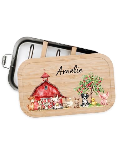 Bärenfreunde® - Personalisierte Brotdose für Kinder mit Spezial-Druck - Robuste Edelstahl Brotdose - Personalisierte Geschenke für Kinder & Erwachsene (Bauernhof,klein Edelstahl) von Bärenfreunde