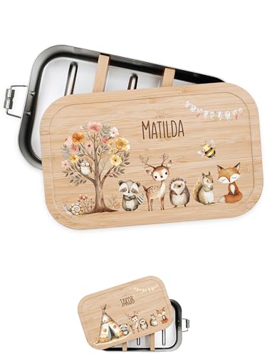 Bärenfreunde® - Personalisierte Brotdose für Kinder mit Spezial-Druck - Robuste Edelstahl Brotdose - Personalisierte Geschenke für Kinder & Erwachsene (Blumenbaum Tiere,GROSS Edelstahl) von Bärenfreunde