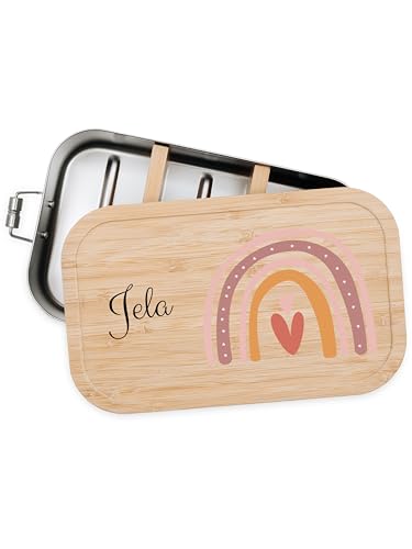 Bärenfreunde® - Personalisierte Brotdose für Kinder mit Spezial-Druck - Robuste Edelstahl Brotdose - Personalisierte Geschenke für Kinder & Erwachsene (Regenbogen rosa Herzen,GROSS Edelstahl) von Bärenfreunde