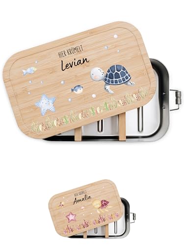 Bärenfreunde® - Personalisierte Brotdose für Kinder mit Spezial-Druck - Robuste Edelstahl Brotdose - Personalisierte Geschenke für Kinder & Erwachsene (Schildkröte blau,GROSS Edelstahl) von Bärenfreunde