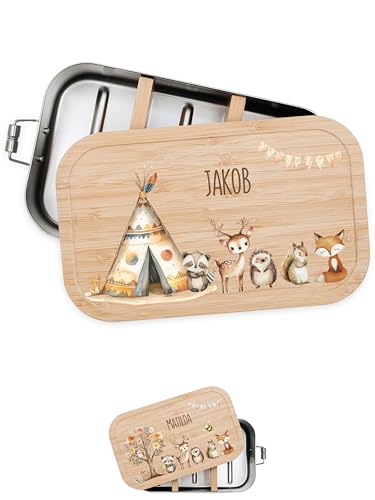 Bärenfreunde® - Personalisierte Brotdose für Kinder mit Spezial-Druck - Robuste Edelstahl Brotdose - Personalisierte Geschenke für Kinder & Erwachsene (Zelt Tiere,klein Edelstahl) von Bärenfreunde