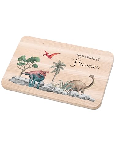 Bärenfreunde - Individuelles Holzbrett mit hochwertigem Spezial-Druck für Kinder - Personalisiertes Frühstücksbrettchen - Niedliche Motiv-Brettchen mit Namen (Dinosaurier Szenario) von Bärenfreunde