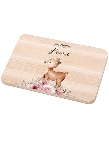 Bärenfreunde - Individuelles Holzbrett mit hochwertigem Spezial-Druck für Kinder - Personalisiertes Frühstücksbrettchen - Niedliche Motiv-Brettchen mit Namen (Reh Blumen) von Bärenfreunde