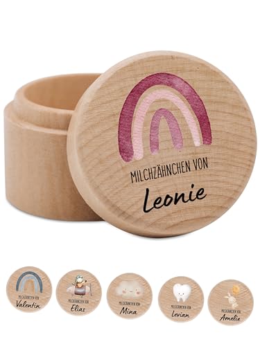 Bärenfreunde - Milchzahndose personalisiert aus Holz mit kinderfreundlichem UV-Druck - Zahndose Milchzähne als Erinnerung an die ersten Zähnchen (Regenbogen rosa rot) von Bärenfreunde