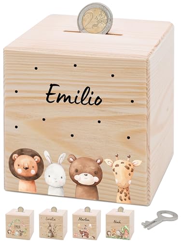 Bärenfreunde® - Personalisierte Spardose Kinder aus Holz mit Metallschloss - Spardose mit Namen mit kinderfreundlichem UV-Druck zum Sparen für Kinderträume (4 Tiere Punkte) von Bärenfreunde