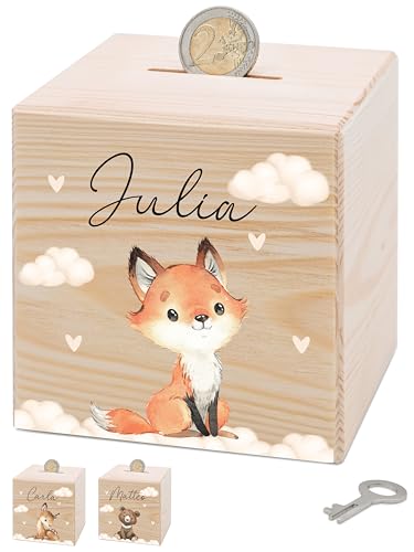 Bärenfreunde® - Personalisierte Spardose Kinder aus Holz mit Metallschloss - Spardose mit Namen mit kinderfreundlichem UV-Druck zum Sparen für Kinderträume (Fuchs) von Bärenfreunde