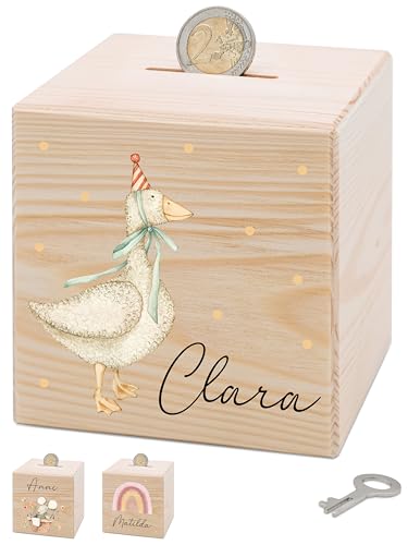 Bärenfreunde® - Personalisierte Spardose Kinder aus Holz mit Metallschloss - Spardose mit Namen mit kinderfreundlichem UV-Druck zum Sparen für Kinderträume (Gans Punkte) von Bärenfreunde
