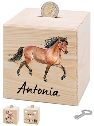 Bärenfreunde® - Personalisierte Spardose Kinder aus Holz mit Metallschloss - Spardose mit Namen mit kinderfreundlichem UV-Druck zum Sparen für Kinderträume (Pferd trabend) von Bärenfreunde