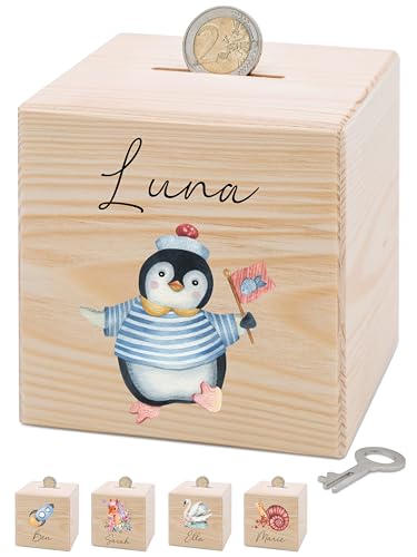 Bärenfreunde® - Personalisierte Spardose Kinder aus Holz mit Metallschloss - Spardose mit Namen mit kinderfreundlichem UV-Druck zum Sparen für Kinderträume (Pinguin Fahne) von Bärenfreunde