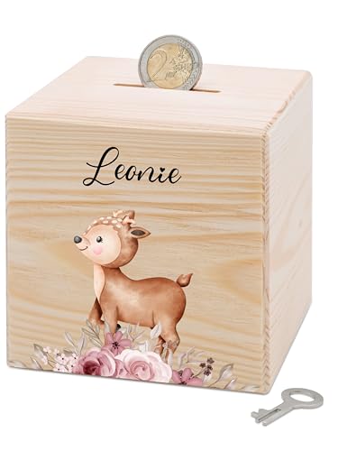 Bärenfreunde® - Personalisierte Spardose Kinder aus Holz mit Metallschloss - Spardose mit Namen mit kinderfreundlichem UV-Druck zum Sparen für Kinderträume (REH Blumen) von Bärenfreunde