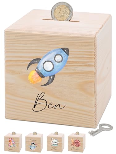 Bärenfreunde® - Personalisierte Spardose Kinder aus Holz mit Metallschloss - Spardose mit Namen mit kinderfreundlichem UV-Druck zum Sparen für Kinderträume (Rakete blau) von Bärenfreunde